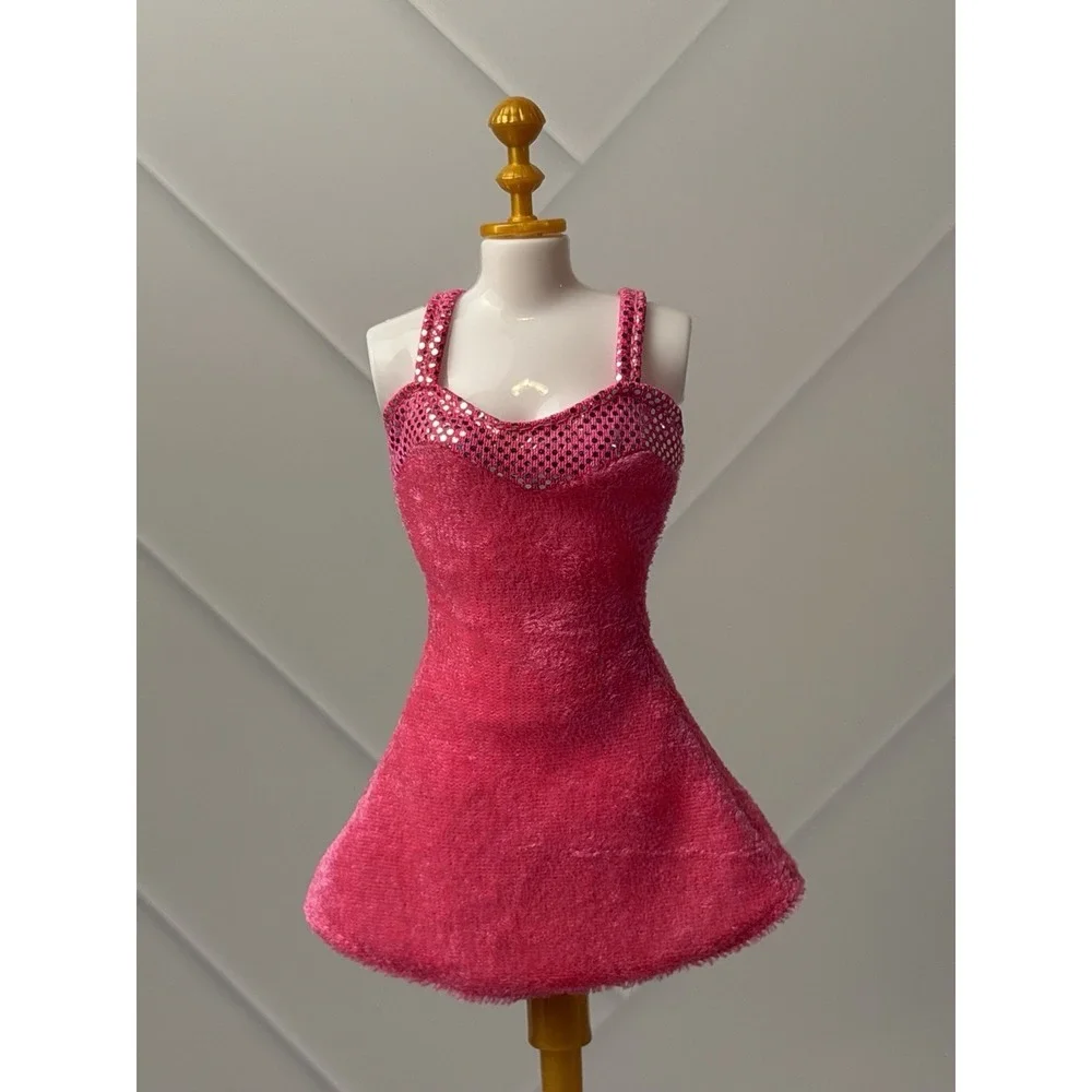 1997 Sweetheart Barbie Doll Pink Short Velvet Dress Silver Accents